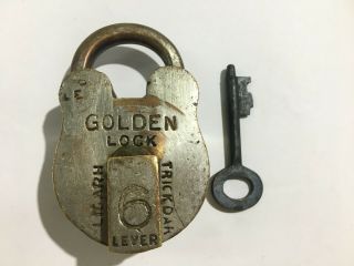 Old Vintage Brass Unique Shape Trick/puzzle Padlock Lock With Key Golden 6 Lever
