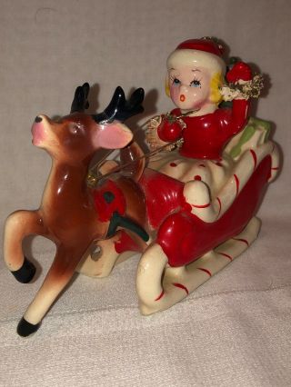 Vintage Kreiss & Co.  Little Girl In Candy Cane Sleigh & Reindeer Japan Label