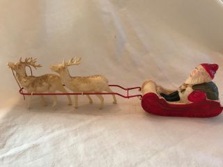 Vintage Celluloid Santa In Sleigh Pulled By Two (2) Reindeers