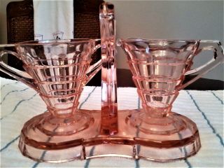 Vintage Tea Room Indiana Pink Depression Glass Creamer,  Sugar & Caddy Hotel Set