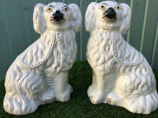 Pair: 19thc Staffordshire Seated White & Gilt Spaniel Dogs C1880s