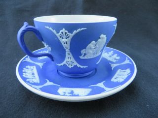 ANTIQUE Vintage WEDGWOOD Dark Blue Jasperware Tea Cup & Saucer 2