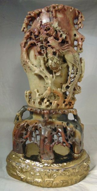 Large Carved Soapstone Lamp Base Birds Flowers 15 1/2 " Tall Sculpture