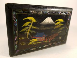 Vintage Japanese Mount Fuji Music Box Black Lacquer And Abalone Wood Jewelry Box
