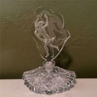 Vintage Clear Cut Crystal Perfume Bottle - 2 Double Intaglio Cut Nudes On Stopper