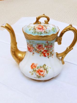 19c Antique Ls & S Limoges France 24k Gold Trim Porcelain Hand Painted Teapot
