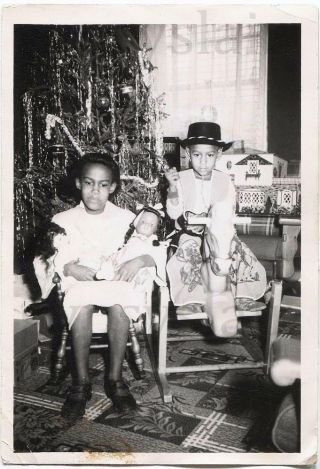 1950s Photo African American Girl W White & Black Baby Dolls By Tinsel Xmas Tree