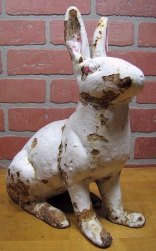 Antique Cast Iron White Rabbit Doorstop old Yard Art large heavy full size bunny 3