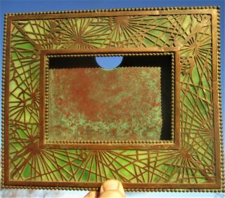 Antique Tiffany Studios York Bronze Pine Needle Green Slag Glass Photo Frame