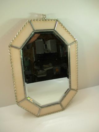 Vtg Stained Leaded Glass Hanging Mirror Peach/pink Colored 7 " X 10 " Octagon