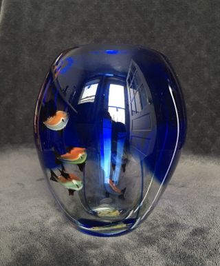 Vintage Murano Italy Cobalt Blue Tropical Fish Aquarium Art Glass Fish Bowl Vase