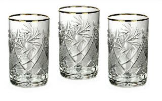 Set Of 3 Russian Tea Glasses For Holders Podstakannik - 24k Gold Trim Crystal