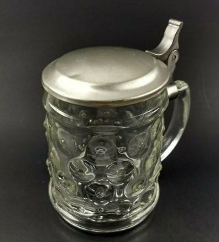 Vintage Beer Mug Rein Zinn Hobnail Clear Glass Pewter Lid Stein Germany Barware
