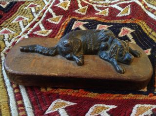 Antique Wien Bronze Statue Figure Sculpture Sleeping Dog Pet Wood Art Nouveau