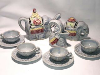Vintage Elephants Childs Porcelain Tea Set Blue Made In Japan 1950’s