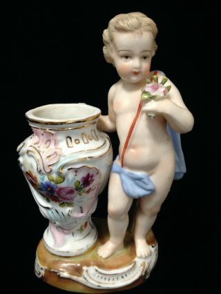 Antique Royal Vienna Porcelain Cupid With Vase Cabinet Sculpture Figurine