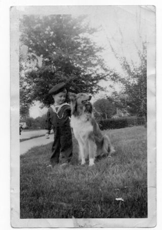 Vintage Photo Snapshot Cute Little Boy Outfit Uniform Big Collie Dog Pet