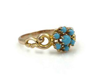 ANTIQUE 14K YELLOW GOLD RING WITH (7) BLUE TURQUOISE GEMSTONES SIZE 6.  25 776B - 5 2