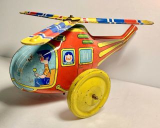 Vintage Friction Tin Metal Toy Helicopter  For Restoration Or Part