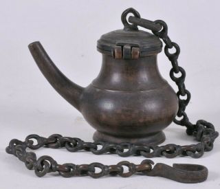 19th Century India Antique Bronze Tea Pot With Chain