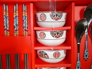 4 Japanese Rice Soup Bowl 4 Chopsticks 4 Soup Spoons Chinese Art Culture Set
