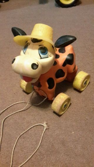 Antique Cow Pull Toy With Wooden Wheels