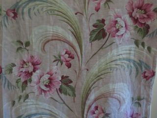 Vintage French Country Pink Roses & Scrolls On Grey Cotton Barkcloth Era Drapes