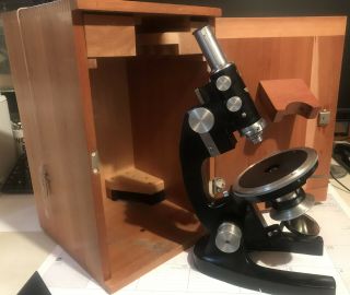 Vintage Bausch Lomb B&l Polarizing Microscope With Accessories And Wood Box