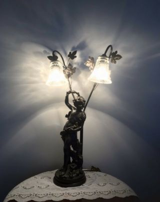 Tall Antique Art Nouveau Cherub Figural Spelter Bronze Color Newel Table Lamp