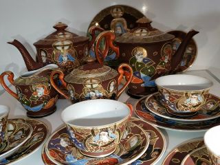 Vintage 28 Piece Japan Porcelain Gold Ware Moriage Satsuma Tea Set Teapot Plates