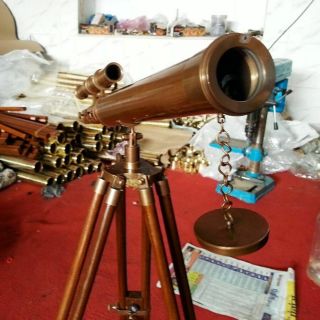 Antique Vintage Brass Telescope 18 " W/ Wooden Tripod Us Navy Marine Collectible