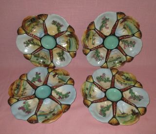 Antique Set Of 4 Limoges France Porcelain Hand Painted Oyster Plates Sailboats