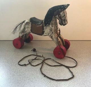 Vintage Hand Made Hand Painted Wood Horse Toy Wood Wheels Pull Toy 6 5/8” H.