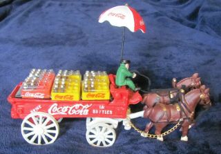 Vintage Coca Cola Cast Iron Horse Drawn Delivery Wagon With Crates,  And Bottles