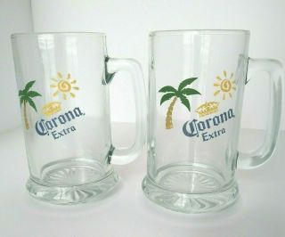 Set Of 2 Corona Extra Glass Beer Mug Palm Tree Sun Design 5.  5 " Starburst