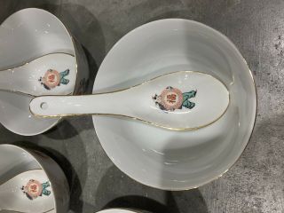 Vintage Set Of 6 Porcelain Rice / Miso Soup Bowls And Spoons Gold Rim