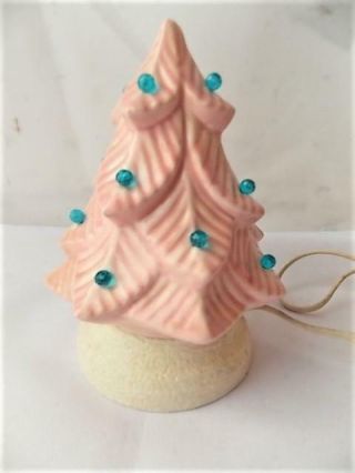 Vintage Mid Century Pink Ceramic Christmas Tree Turquoise Pegs & Blinking Light