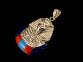 Large Shiny Egyptian Hand Made Solid Silver Colored Inlaid King Tut Pendant