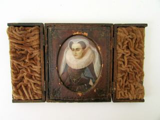 Antique 18/19th C Lady Miniature Painting Leather Folding Triptych Picture Frame