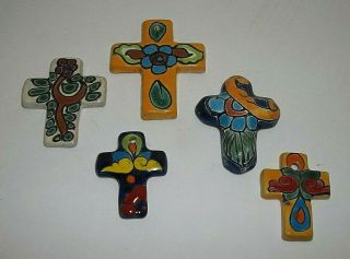 Vintage Mexican Folk Art Pottery Talavera Cross Set Of 5
