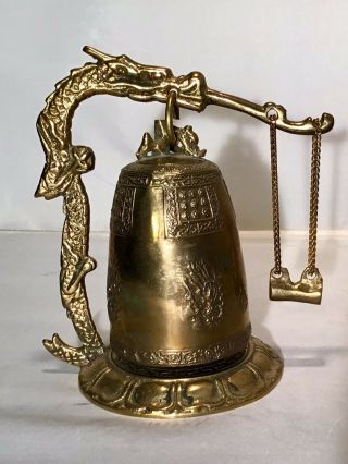 6” Vintage Asian Dragon Temple Prayer Bell Buddhist Chinese Tibetan Brass Bronze