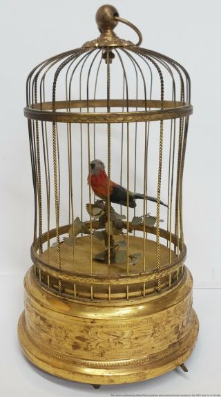Antique Automaton Bird In Cage Birdcage Music Box Sings Tweets Figural No Res