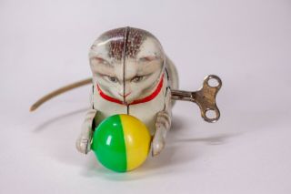 Vintage Kohler Co Tin Toy Cat With Ball Wagging Tail Made In Us Zone Germany