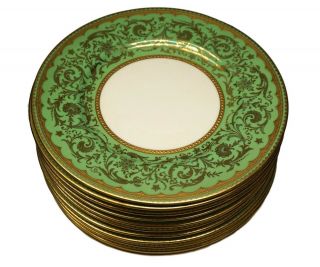 10 Antique Coalport Porcelain Raised Gold And Green 8 3/4 " Dessert Plates
