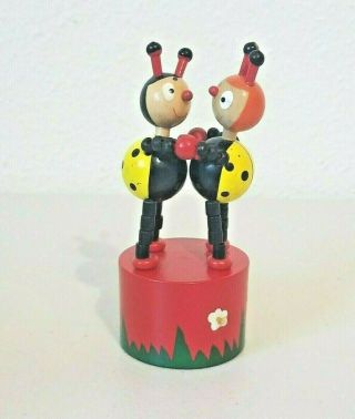Vintage Wooden Ladybugs Couple Collapsible Push Button Toy