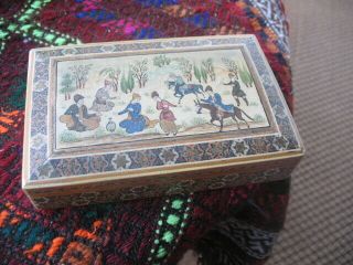 Vintage Persian Khatam Box Inlaid Wood Marquetry Polo Horse Scene