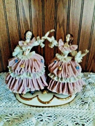 Antique German Dresden Volkstedt Porcelain Figurine 2 Sisters Dancing Ladies