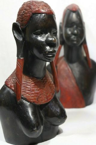 8 " Man & Woman Set Of Carved Ebony Wood Tribal African Bust Figurines / Statues