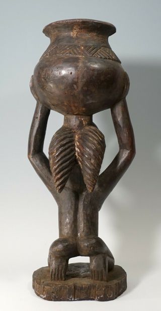 Antique Old Carved Wood Luba Female Healing Ritual Bowl Statue DR Congo African 3