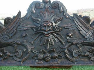 Magnificent 19thc Gothic Mahogany Carved Pediment With Horned Devilish Head